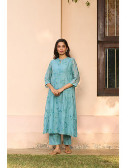 Vaayu - Powder Embroidered Blue Top With Pant Co-ords