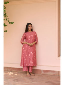 Vaayu - Hibiscus Embroidered Pink Top With Pant Co-ords