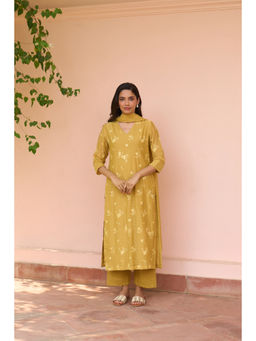 Vaayu - Thread Embroidered Mustard Kurta With Pant And Dupatta