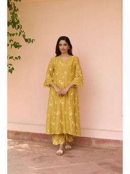 Vaayu - Thread Embroidered Mustard Top With Pant Co-ords
