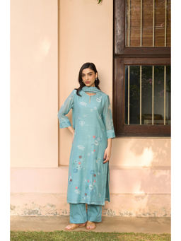 Vaayu - Embroidered Blue Kurta With Pant And Dupatta