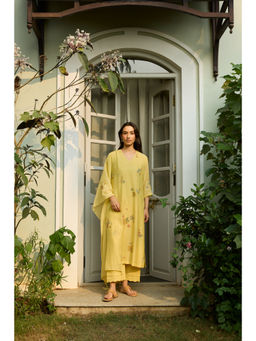 Vaayu - Lemon Embroidered Bloom Yellow Kurta With Pant And Dupatta