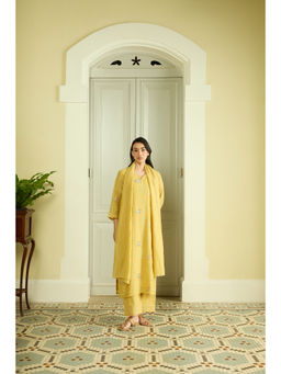Vaayu - Lemon Thread Embroidered Kurta Set With Pant and Dupatta