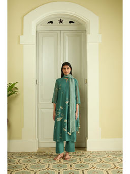 Vaayu - Emerald Applique Kurta Set With Pant and Dupatta