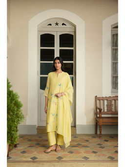 Vaayu - Lemon Applique Kurta Set With Pant and Dupatta