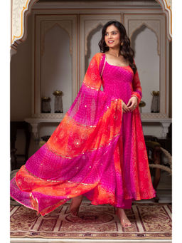 ETHNICSAA - Rangoli Pink Anarkali With Pant And Dupatta