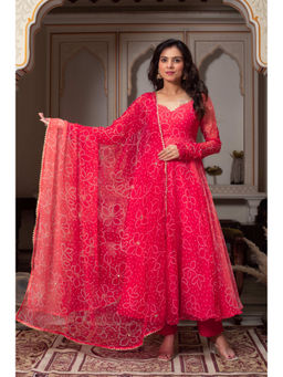ETHNICSAA - Rukmani Red Anarkali With Pant And Dupatta