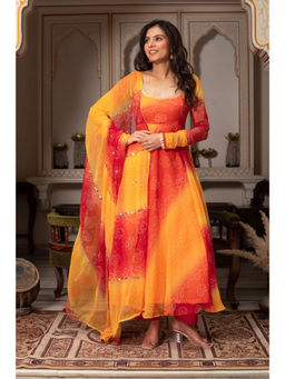 ETHNICSAA - Sawan Red Anarkali With Pant And Dupatta