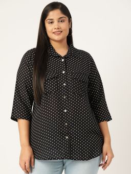 theRebelinme - Plus Size Women Black Polka Dot Printed Spread Collar Casual Shirt