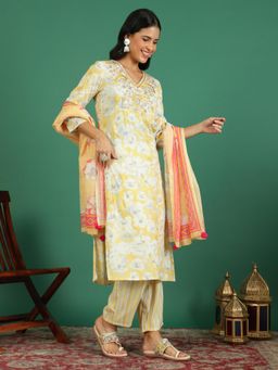 Rama's - Women Yellow Embroidery Straight Kurta Pant with Dupatta (Set of 3)