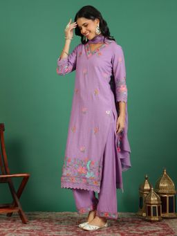 Rama's - Women Lavender Embroidery Straight Kurta Palazzo with Dupatta (Set of 3)