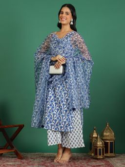 Rama's - Women Blue Printed Straight Kurta Palazzo with Dupatta (Set of 3)