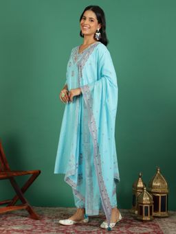 Rama's - Women Turquoise Embroidery Straight Kurta Pant with Dupatta (Set of 3)