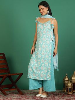 Rama's - Women Turquoise Embroidery Straight Kurta Palazzo with Dupatta (Set of 3)