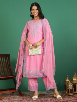 Rama's - Women Pink Embroidery Straight Kurta Palazzo with Dupatta (Set of 3)