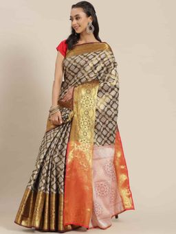 Silk Land - Brocade Heavy Silk Saree with Unsticthed Blouse Piece Olive with Unstitched