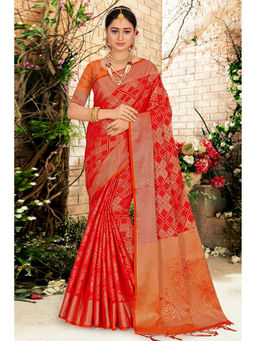 Sangam Prints - Red Woven Zari Work Traditional Tassle Saree with Unstitched Blouse