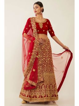 Soch - Women Maroon Velvet Embroidered Lehenga Choli Dress Material (Set of 3)