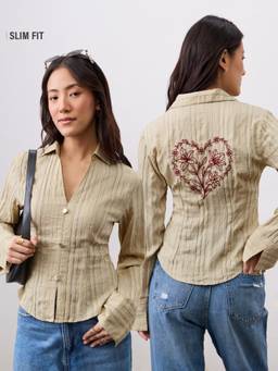 The Souled Store - Women Beige Embroidered Viscose Shirt