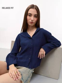 The Souled Store - Women Navy Blue Textured Cotton Blend Shirt
