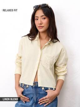 The Souled Store - Women Cream Solid/Plain Cotton Linen Shirt
