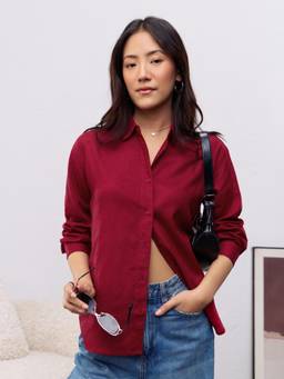 The Souled Store - Women Wine Solid/Plain Lyocell Blend Shirt