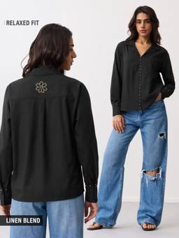 The Souled Store - Women Black Embroidered Cotton Linen Shirt