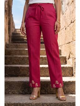 Folksong - Women Magenta Embroidered Cotton Flex Pant