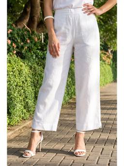 W - Relaxed Fit White Solid/Plain Linen Blend Pant