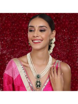 Ruby Raang Studio - Long Pearl Layered Necklace with Pendant and Matching Earrings