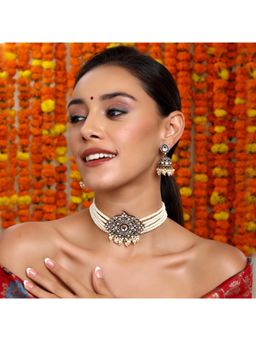 Ruby Raang Studio - Kundan and Moissanite Choker In Pearls Necklace with Matching Jhumki Earrings
