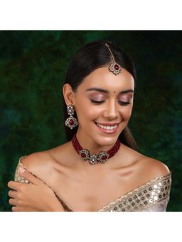 Ruby Raang Studio - Maroon Onyx Stone & Moissanite Necklace with Matching Earrings and Maang Tikka