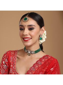 Ruby Raang Studio - Emerald Stone & Kundan Green Onyx Necklace with Matching Earrings and Maang Tikka