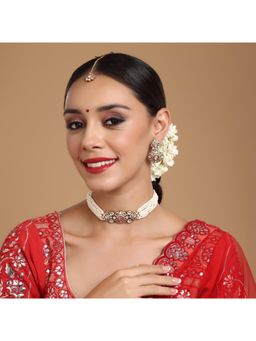 Ruby Raang Studio - Stone and Moissanite Kundan Pearls Necklace with Matching Earrings and Maang Tikka