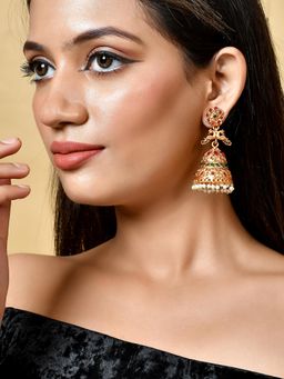 Silvermerc Designs - South Indian Gold Plated Jhumka Earrings for Women Pink and Green