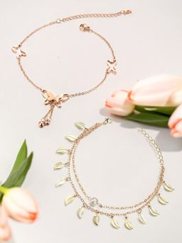 OOMPH - Women Gold Tone Butterfly & Pearl Fashion Anklets (Pack of 2)
