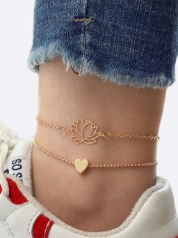 OOMPH - Womens Gold Tone Lotus & Heart Anklet (Pack of 2)