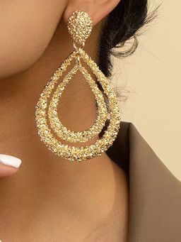 OOMPH - Gold Tone Textured Double Layer Tear Party Wear Drop Earrings