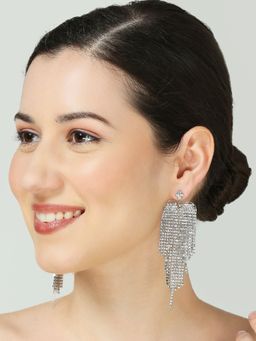 OOMPH - Statement Heart Design Silver Crystal Long Drop Earrings