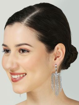 OOMPH - Statement Stylish Latest Silver Crystal Long Drop Earrings