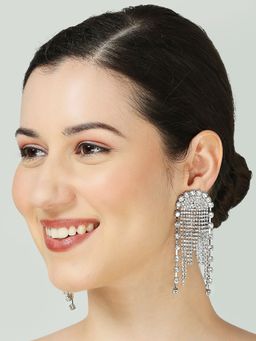 OOMPH - Statement Party Wear Stylish Latest Silver Crystal Long Drop Earrings
