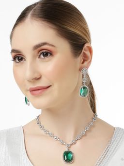 OOMPH - Green American Diamond Large Rectangle Pendant Necklace and Earrings (Set of 2)