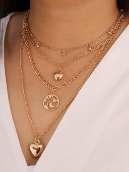 OOMPH - Gold Tone Multi Layer Multi Stranded Heart Charm Link Chain Necklace