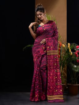 CHARUKRITI - Magenta & Pink Handwoven Saree with Chevron & Ethnic Designs