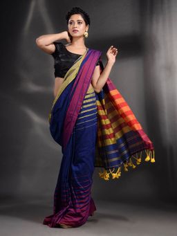 Arhi - Royal Blue Pure Cotton Handwoven Saree with Unstitched Blouse