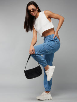 DOLCE CRUDO - Women's Light Blue Regular High rise Light Weight Denim Joggers