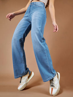 DOLCE CRUDO - Women's Light Blue Wide-Leg Mid RiseBlast Effect Light Weight Denim Jeans