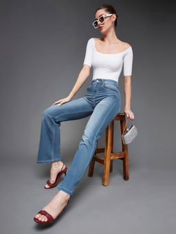 Miss Chase - Women's Light Blue Wide-Leg Mid Rise Blast Effect Light Weight Denim Jeans