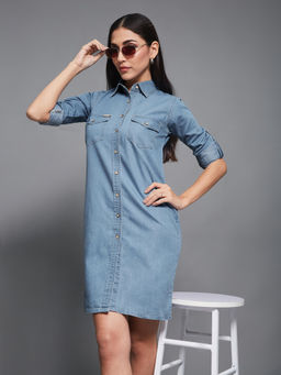 Miss Chase - Womens Blue Polo Neck Full Sleeve Denim Buttoned A-Line Mini Casual Dress