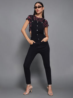 Miss Chase - Women's Black Skinny High Rise Regular Stretchable Denim Dungaree